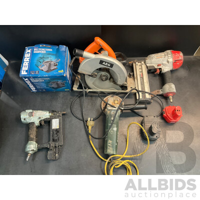 AEG Circular Saw, Metabo Angle Grinder, Hitachi Nail Gun, Batteries and Ferrex Multifunctional Sharpener
