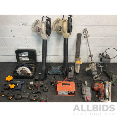 Assorted Tools Including RYOBI Blowers, BOSCH Radio, GMC Saw, Foot Air Pump and More  - Lot of 15