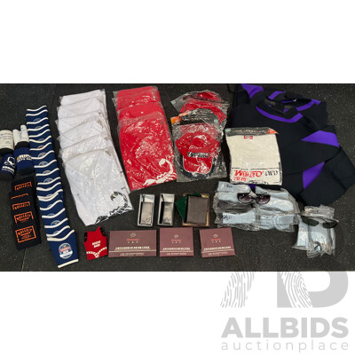 Assorted Bundle of Polo Tops (x10), Caps (x4), Wetsuit - Long Sleeve, Size M and L, Wallets (x4), Key Wallet (x2), Sunglasses (x20) and Can Coolers