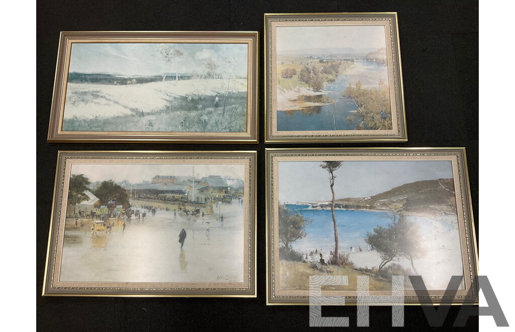 Framed Print “ Holiday Sketch at Coogee 1888“ by Tom Roberts, “The Railway Station, Redfern“, “The Purple Noon’s Transparent Night” and “Golden Summer, Eaglemont” by Arthur Streeton - Lot of 4