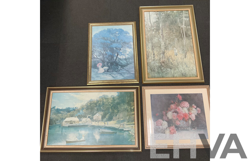 Framed Print “Lost” by Frederick McCubbin, “Under the Jacaranda” by R Godfrey Rivers, “Roses” and “Mosman’s Bay” by Tom Robert’s - Lot of 4