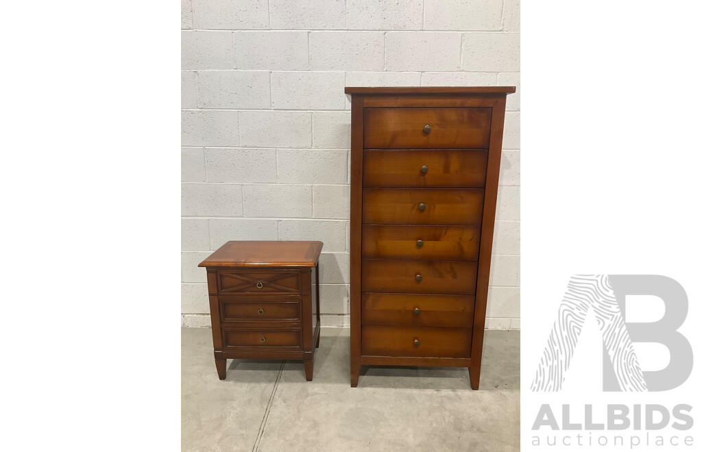 Solid Wood Tallboy / Chest of Drawers and French Style Cherrywood Bedside Cabinet - Lot of 2