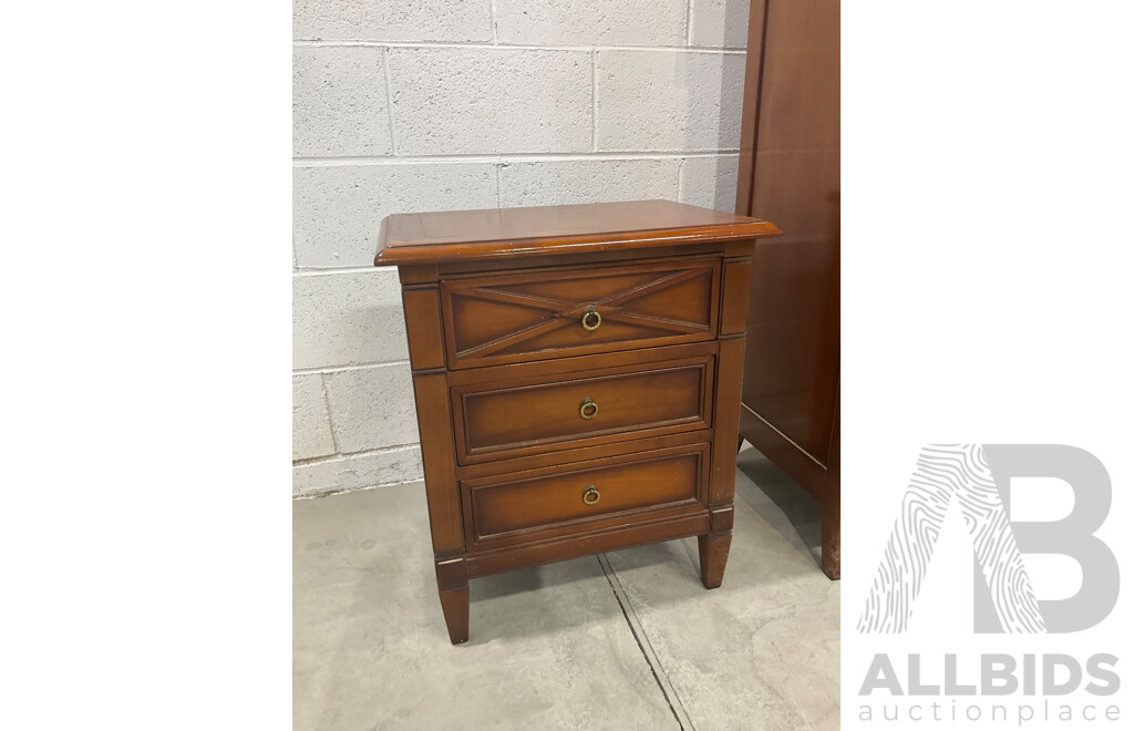 Solid Wood Tallboy / Chest of Drawers and French Style Cherrywood Bedside Cabinet - Lot of 2