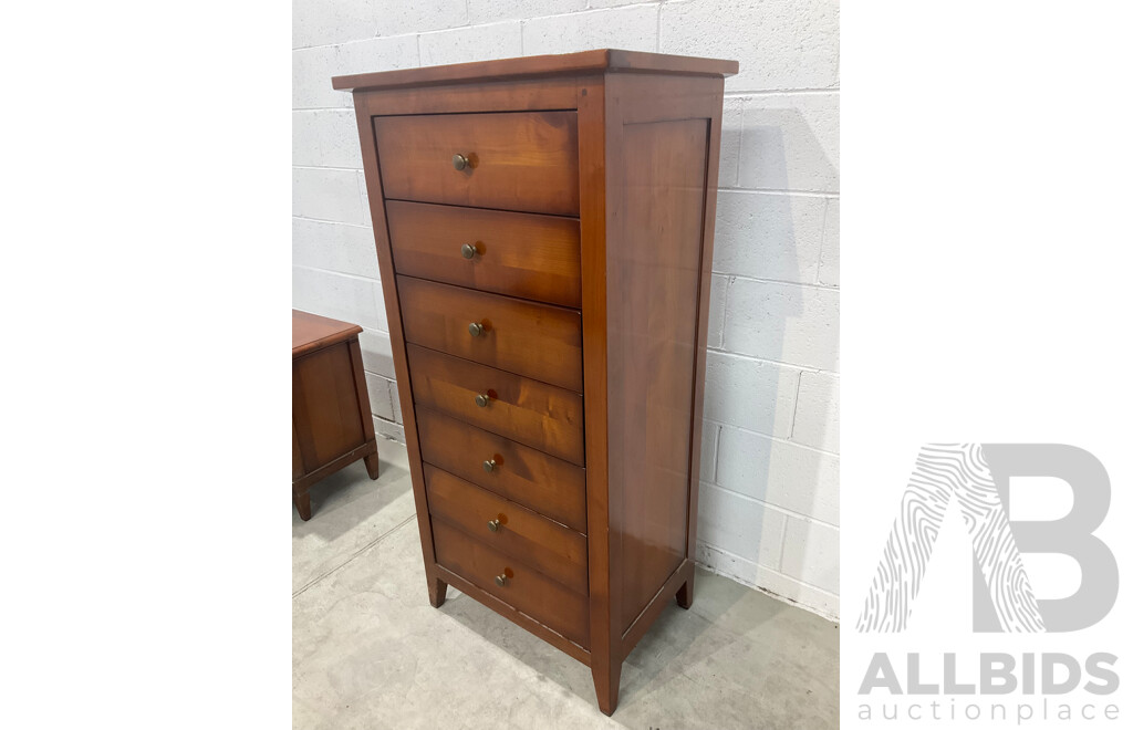 Solid Wood Tallboy / Chest of Drawers and French Style Cherrywood Bedside Cabinet - Lot of 2