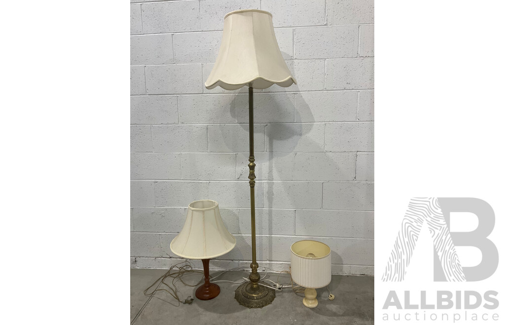 Brass Floor Lamp with Shade, Round Shape Wooden Table Lamp with Shade and Alabaster Table Lamp with Shade - Lot of 3