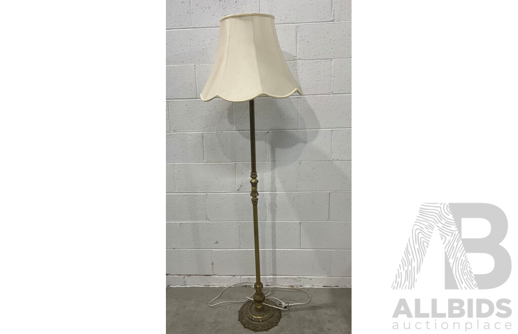 Brass Floor Lamp with Shade, Round Shape Wooden Table Lamp with Shade and Alabaster Table Lamp with Shade - Lot of 3
