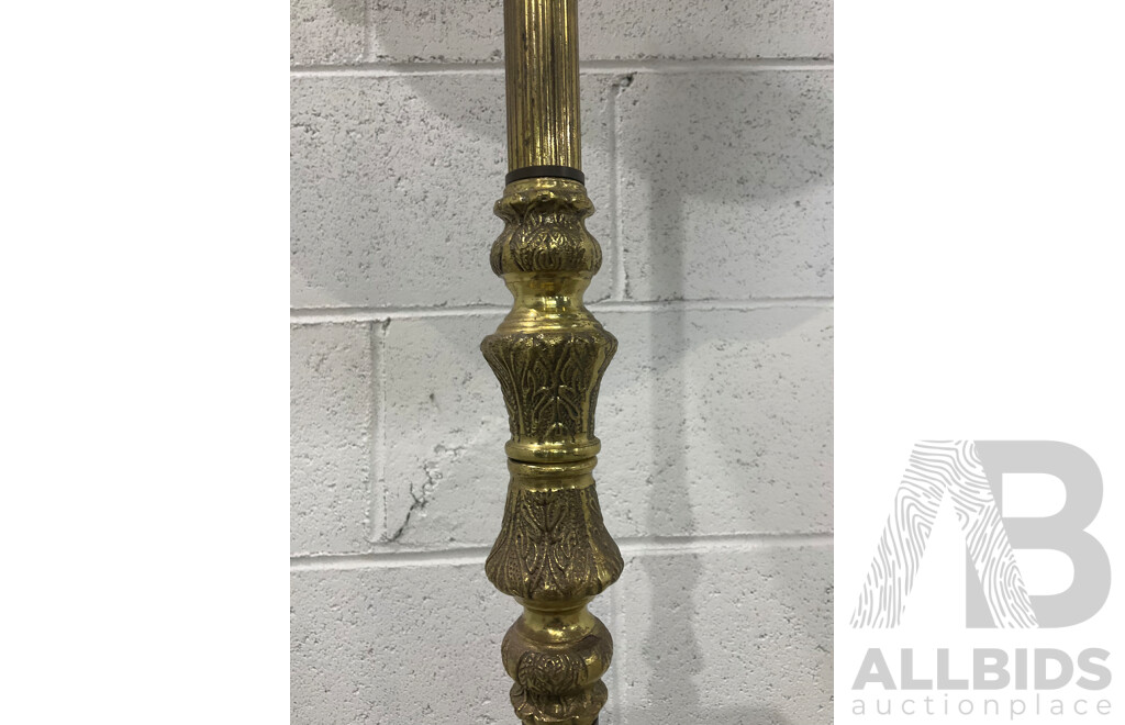 Brass Floor Lamp with Shade, Round Shape Wooden Table Lamp with Shade and Alabaster Table Lamp with Shade - Lot of 3
