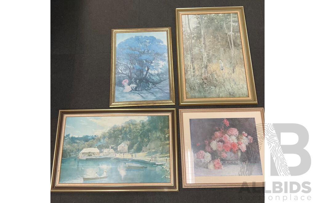 Framed Print “Lost” by Frederick McCubbin, “Under the Jacaranda” by R Godfrey Rivers, “Roses” and “Mosman’s Bay” by Tom Robert’s - Lot of 4