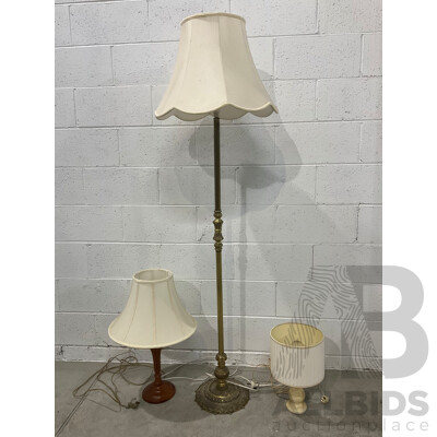 Brass Floor Lamp with Shade, Round Shape Wooden Table Lamp with Shade and Alabaster Table Lamp with Shade - Lot of 3
