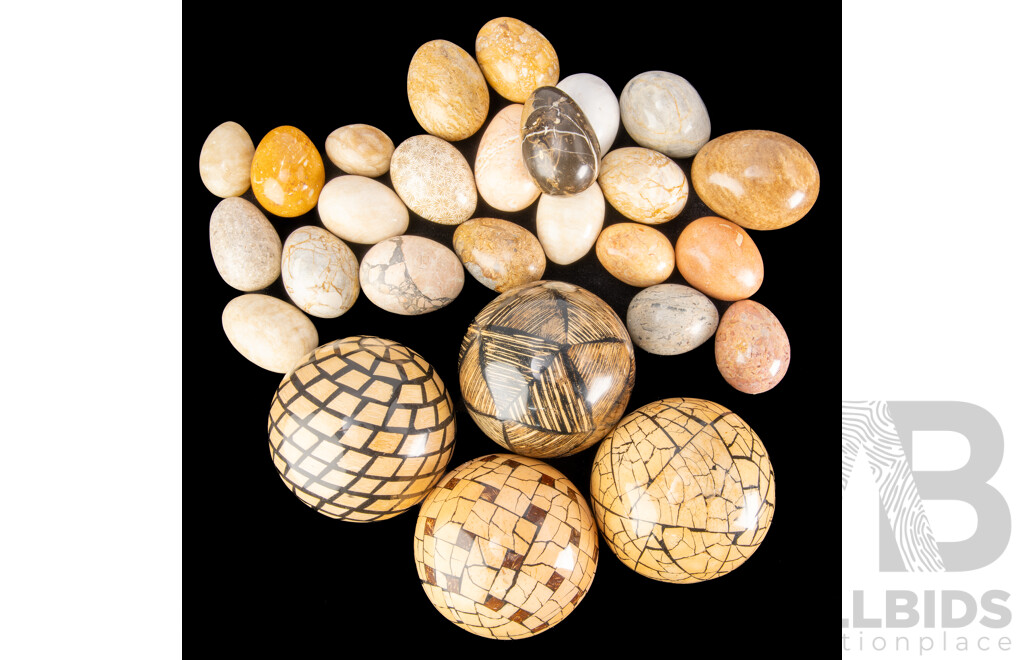 Collection Polished Stone Eggs Along with Wooden Spheres