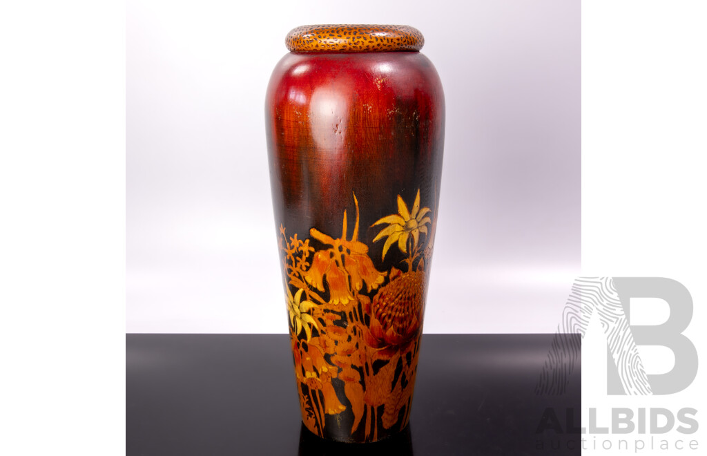 Impressive Antique Australian Pokerwork Vase with Native Flower Decoration