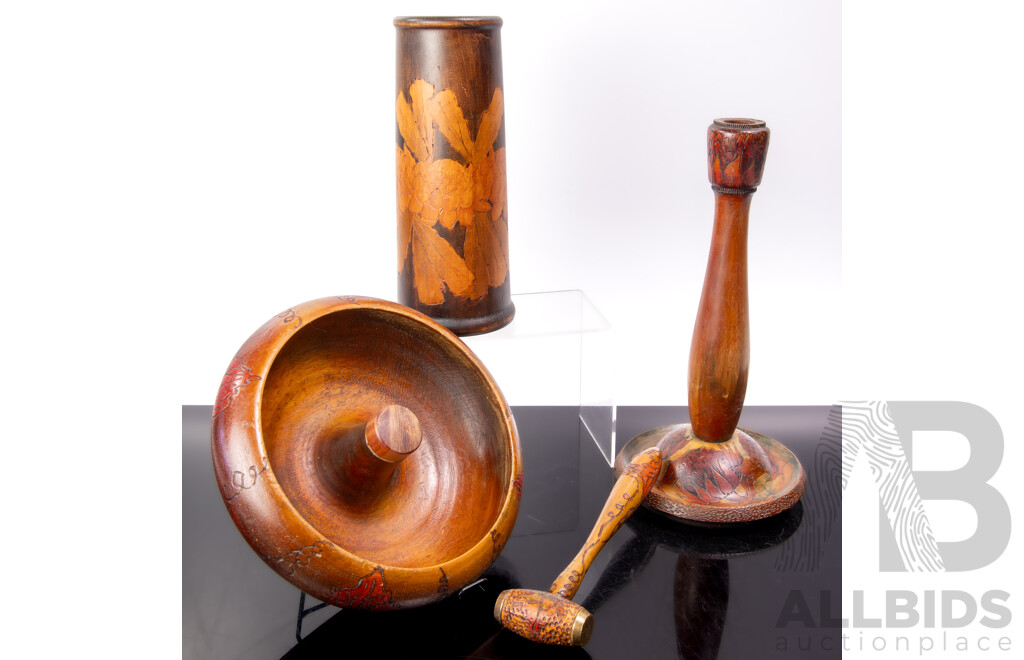 Collection Four Antique Australian Pokerwork Pieces Comprising Vase, Nutcracker Bowl with Gavel and Candle Holder