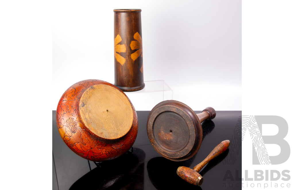 Collection Four Antique Australian Pokerwork Pieces Comprising Vase, Nutcracker Bowl with Gavel and Candle Holder