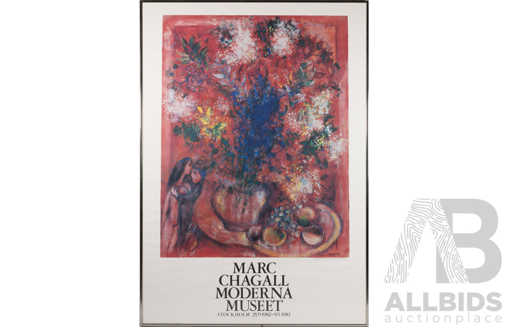 Marc Chagall, (Russian-French,1887-1985), Roda Blommer, Les Fleurs Rouges (1950), Reproduction Poster for Swedish Exhibition (1982-83) of Original Gouache Pastel on Paper, 101 x 71 cm (frame)