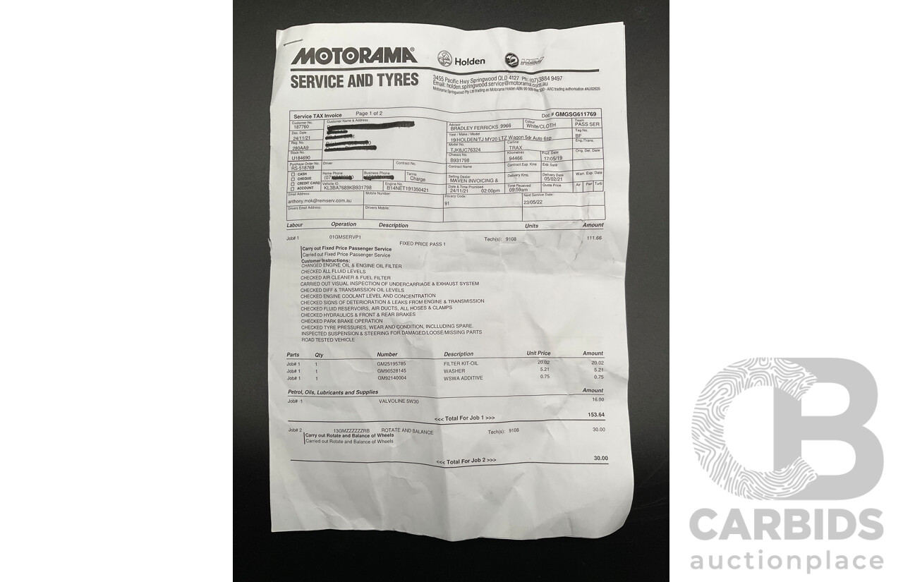 9/2019 Holden Trax LTZ (FWD) TJ MY20 4d Wagon Summit White Turbo 1.4L