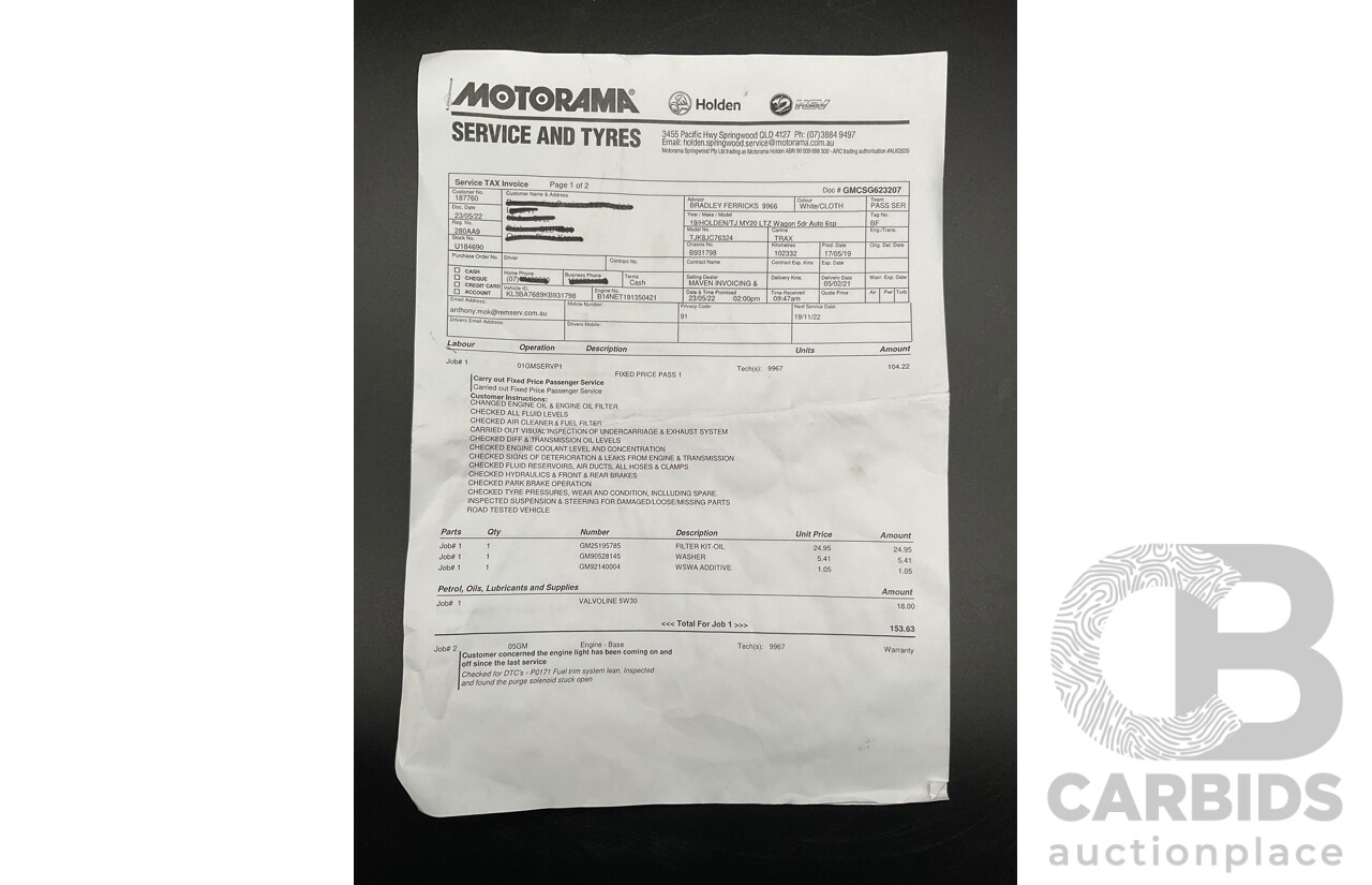 9/2019 Holden Trax LTZ (FWD) TJ MY20 4d Wagon Summit White Turbo 1.4L