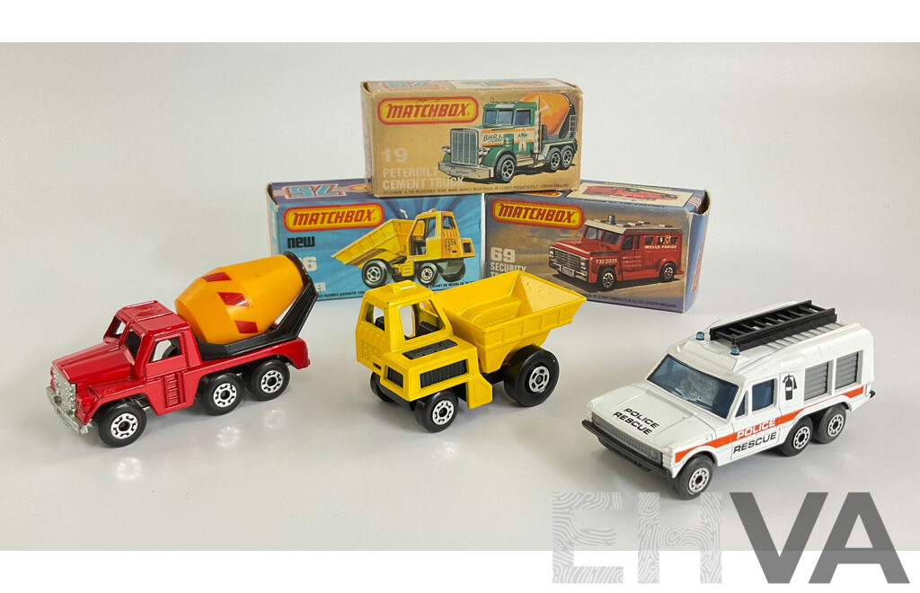 Three Matchbox 75 Super Fast Trucks Including Site Dumper, Peterbilt Cement Truck, Police Rescue