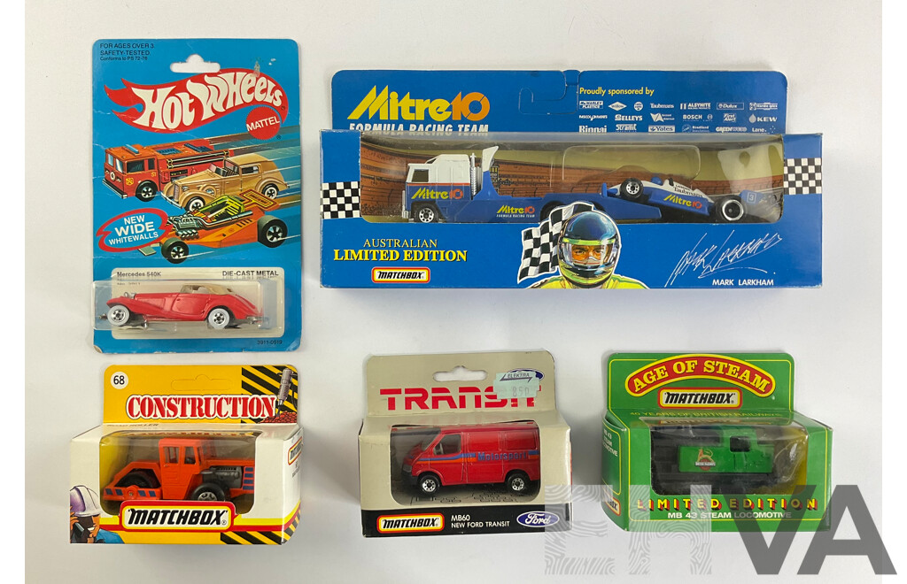 Vintage Matchbox Mitre Ten Formula Racing Team, Construction Road Roller, Age of Steam Locomotive, Ford Transit, Hot Wheels Mercedes 540 K