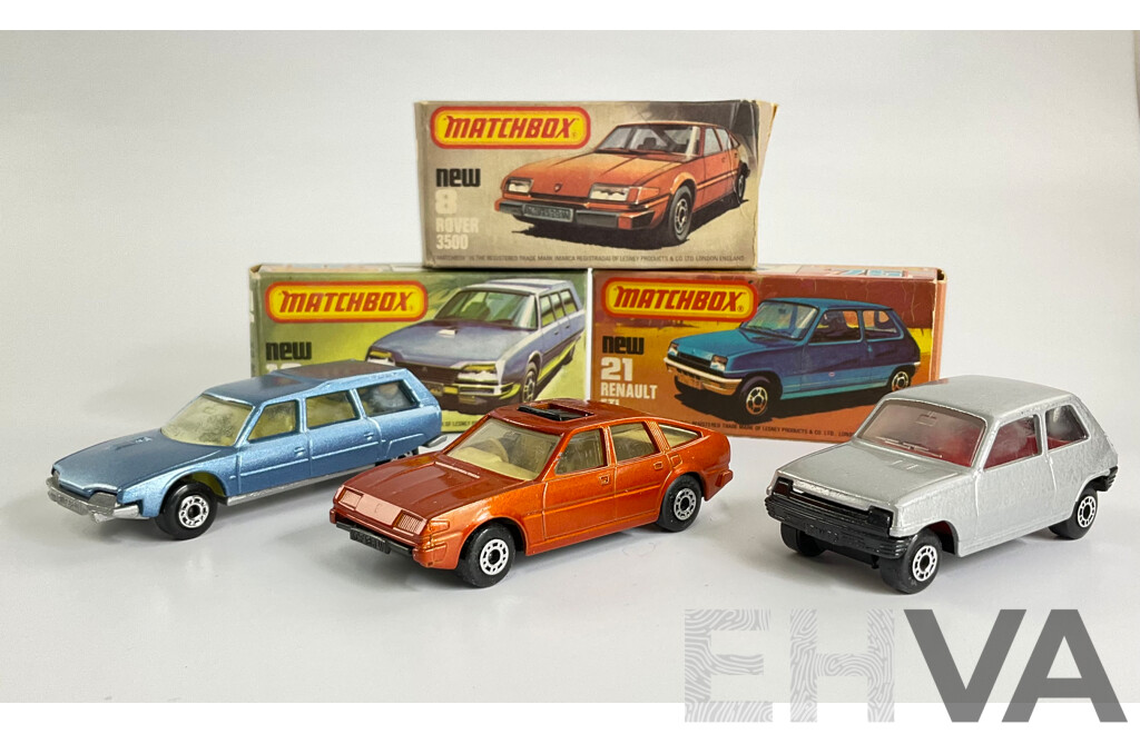 Vintage Matchbox 75 Vehicles Including Rover 3500, Citroen CX, Renault 5Tl with Original Boxes
