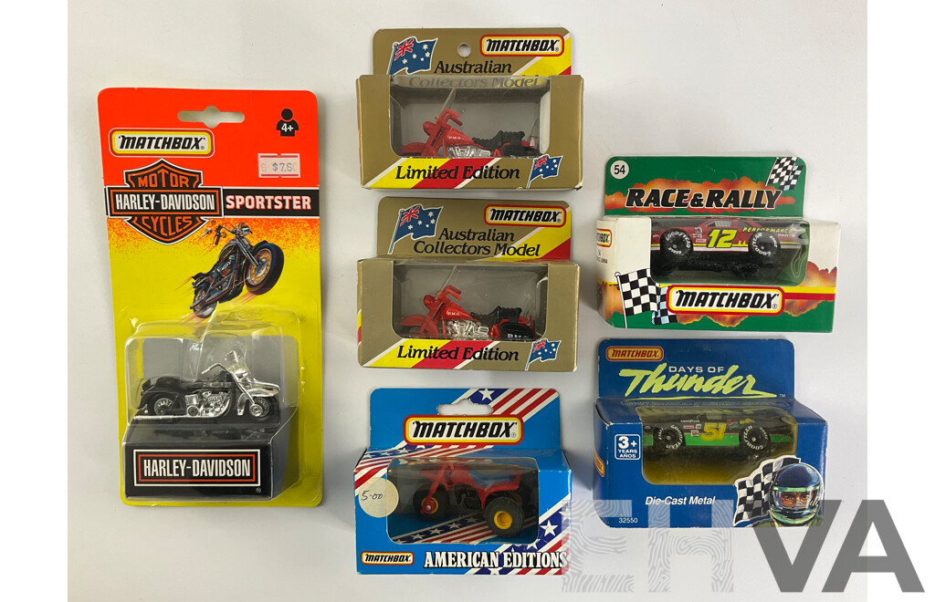 Vintage Matchbox Motorcycles and NASCAR Including Days of Thunder Cole Trickle Chevrolet Lumina, Harley Davidson Sportster, P.M.G, Trike