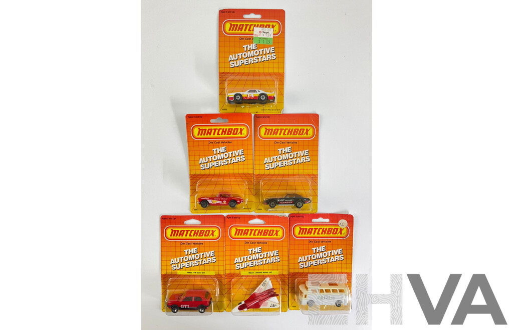 1980's Matchbox 'The Automotive Superstars' Collection Including 1962 Corvette, VW Golf, Airport Coach, Chevrolet Corvette, Chevy Pro Stocker, Swing Wing Jet