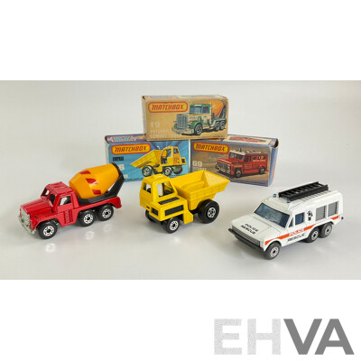 Three Matchbox 75 Super Fast Trucks Including Site Dumper, Peterbilt Cement Truck, Police Rescue
