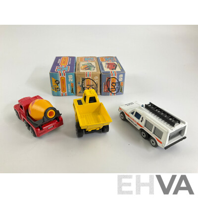 Three Matchbox 75 Super Fast Trucks Including Site Dumper, Peterbilt Cement Truck, Police Rescue