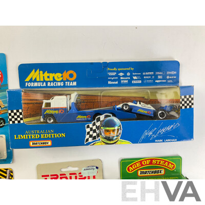 Vintage Matchbox Mitre Ten Formula Racing Team, Construction Road Roller, Age of Steam Locomotive, Ford Transit, Hot Wheels Mercedes 540 K