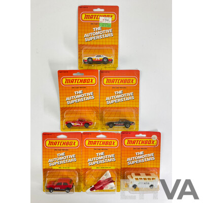 1980's Matchbox 'The Automotive Superstars' Collection Including 1962 Corvette, VW Golf, Airport Coach, Chevrolet Corvette, Chevy Pro Stocker, Swing Wing Jet