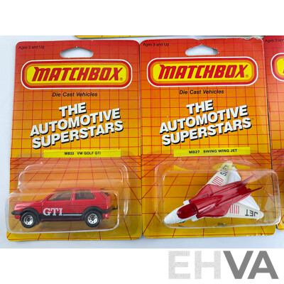 1980's Matchbox 'The Automotive Superstars' Collection Including 1962 Corvette, VW Golf, Airport Coach, Chevrolet Corvette, Chevy Pro Stocker, Swing Wing Jet
