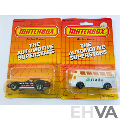 1980's Matchbox 'The Automotive Superstars' Collection Including 1962 Corvette, VW Golf, Airport Coach, Chevrolet Corvette, Chevy Pro Stocker, Swing Wing Jet