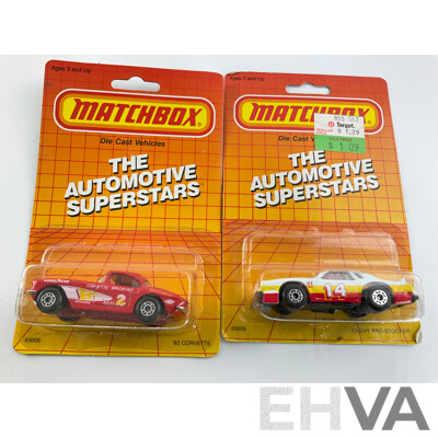 1980's Matchbox 'The Automotive Superstars' Collection Including 1962 Corvette, VW Golf, Airport Coach, Chevrolet Corvette, Chevy Pro Stocker, Swing Wing Jet