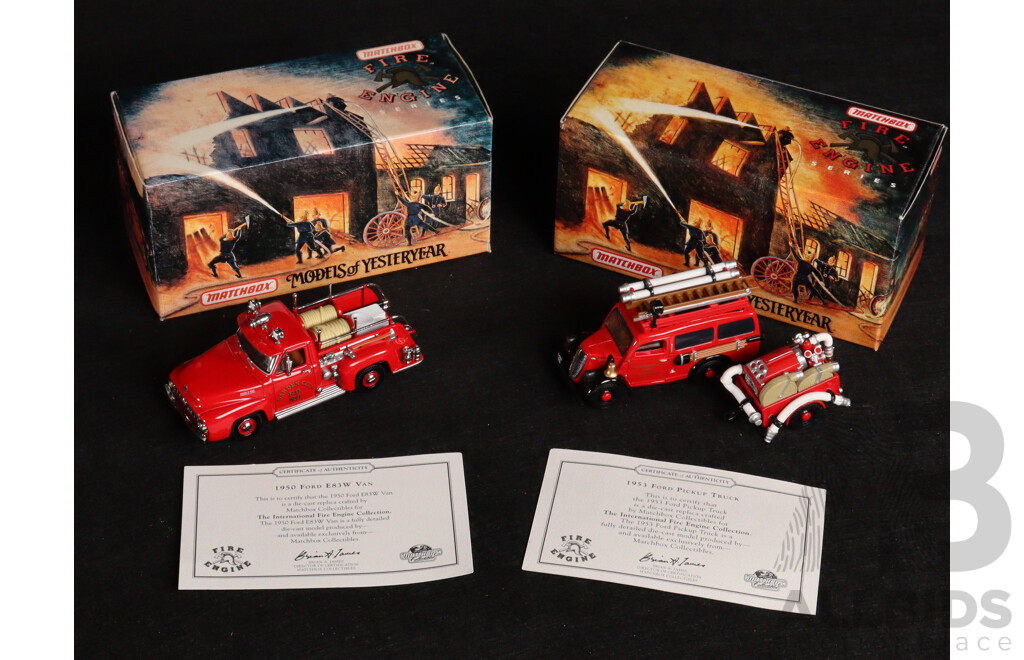 Two Vintage Matchbox Models of Yesteryear 1953 Ford F100 Garden City Fire Truck and 1950 Ford E83W Van