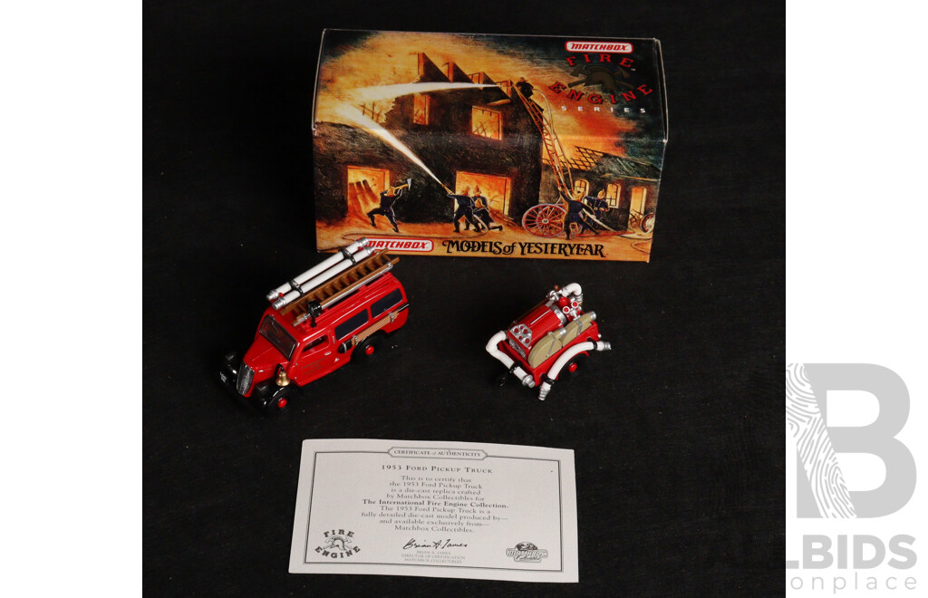Two Vintage Matchbox Models of Yesteryear 1953 Ford F100 Garden City Fire Truck and 1950 Ford E83W Van