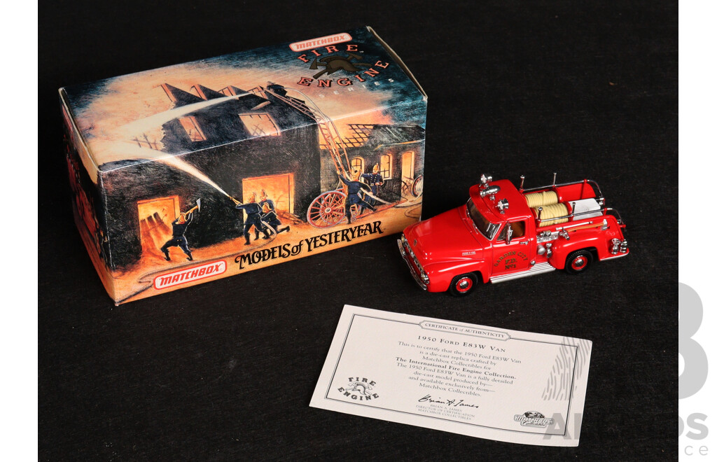 Two Vintage Matchbox Models of Yesteryear 1953 Ford F100 Garden City Fire Truck and 1950 Ford E83W Van