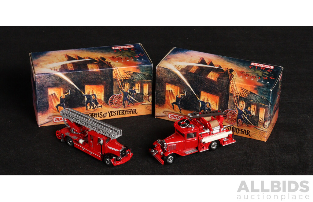 Two Vintage Matchbox Models of Yesteryear 1932 Ford AA Fire Engine and 1932 Mercedes-Benz Ladder Truck