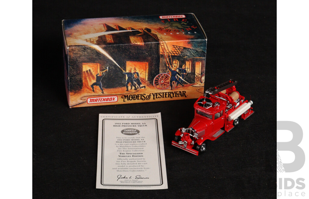 Two Vintage Matchbox Models of Yesteryear 1932 Ford AA Fire Engine and 1932 Mercedes-Benz Ladder Truck