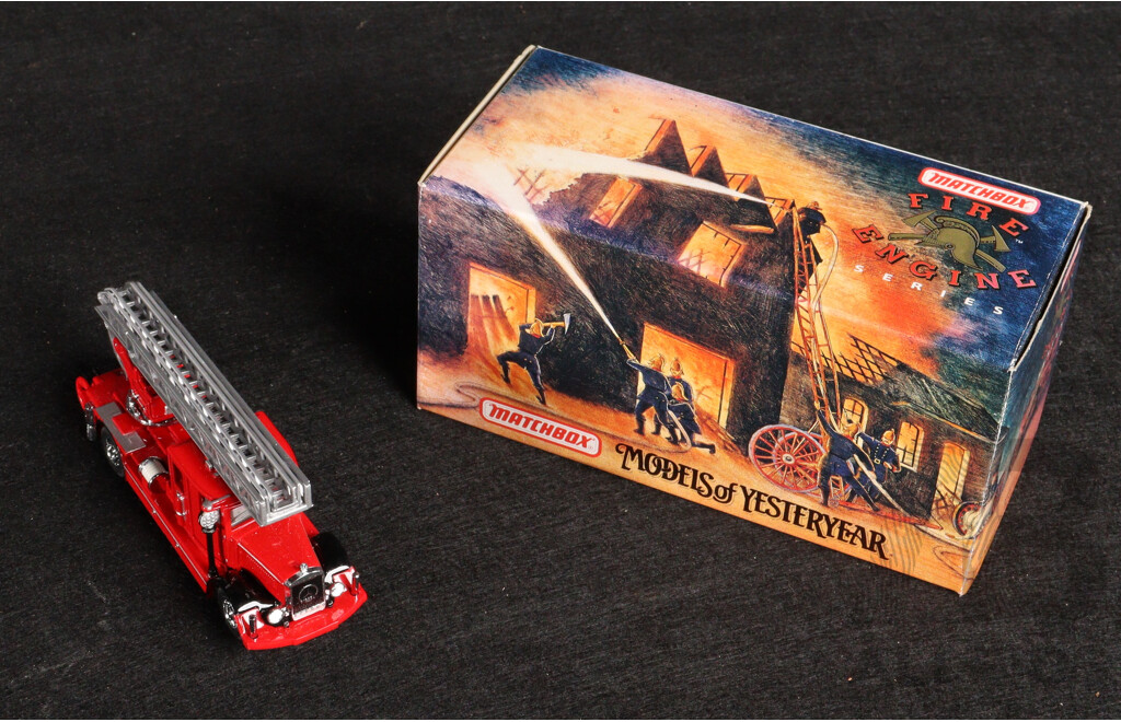 Two Vintage Matchbox Models of Yesteryear 1932 Ford AA Fire Engine and 1932 Mercedes-Benz Ladder Truck