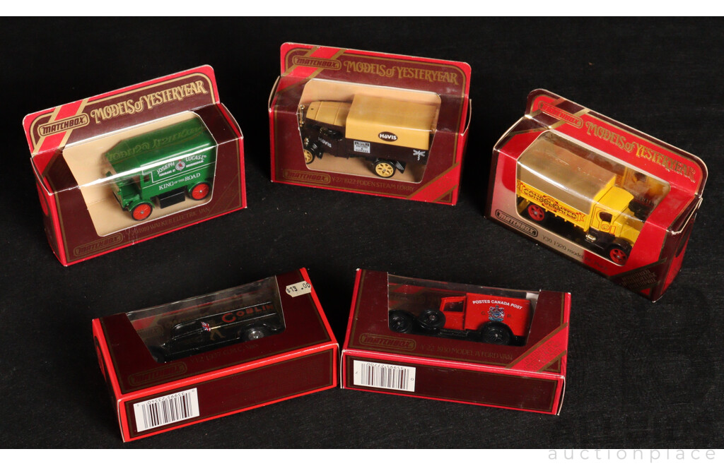 Five Vintage Matchbox Models of Yesteryear Including 1919 Walker Electric Van, 1922 Foden, 1920 AC Mack, 1930 Ford Model A 1937 GMC Van