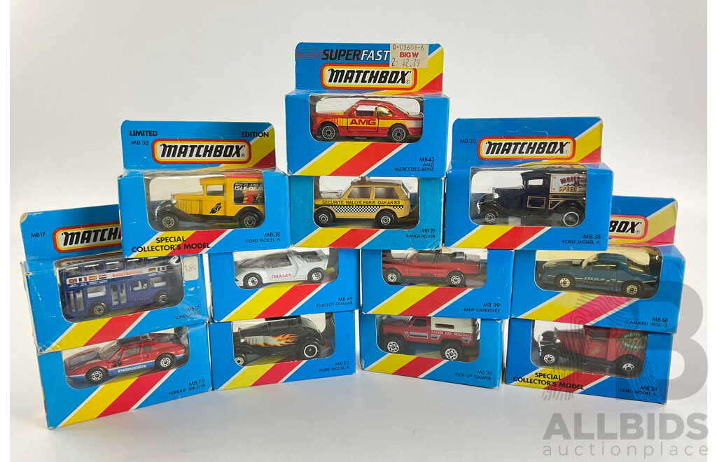 Twelve Vintage Matchbox Special Collector's Models and Super Fast Including Ferrari 308, Peugeot Quasar, Camaro Iroc-Z, Range Rover Paris Dakar