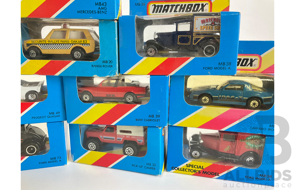 Twelve Vintage Matchbox Special Collector's Models and Super Fast Including Ferrari 308, Peugeot Quasar, Camaro Iroc-Z, Range Rover Paris Dakar