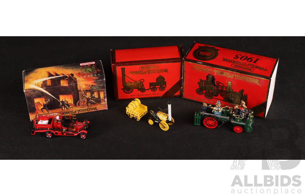 Vintage Matchbox Models of Yesteryear 1905 Busch Self Propelled Fire Truck, 1916 Ford Model T Fire Engine, 1829 Stephenson's Rocket