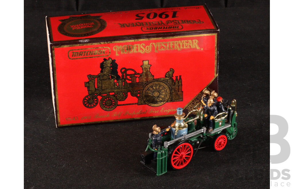 Vintage Matchbox Models of Yesteryear 1905 Busch Self Propelled Fire Truck, 1916 Ford Model T Fire Engine, 1829 Stephenson's Rocket