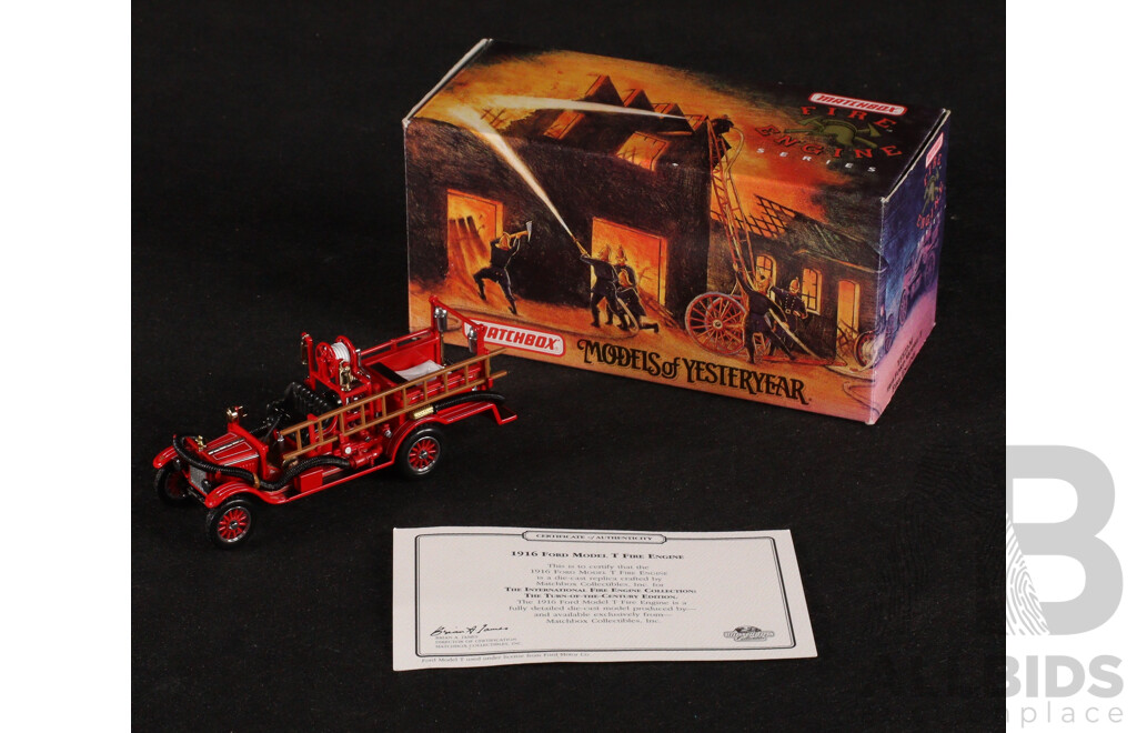 Vintage Matchbox Models of Yesteryear 1905 Busch Self Propelled Fire Truck, 1916 Ford Model T Fire Engine, 1829 Stephenson's Rocket