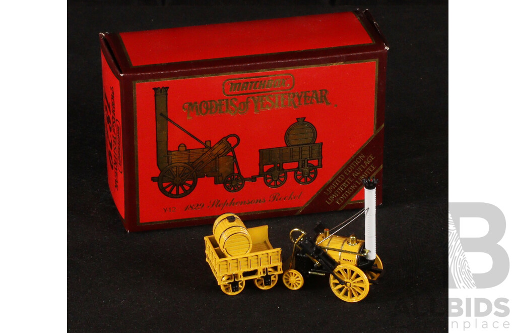Vintage Matchbox Models of Yesteryear 1905 Busch Self Propelled Fire Truck, 1916 Ford Model T Fire Engine, 1829 Stephenson's Rocket
