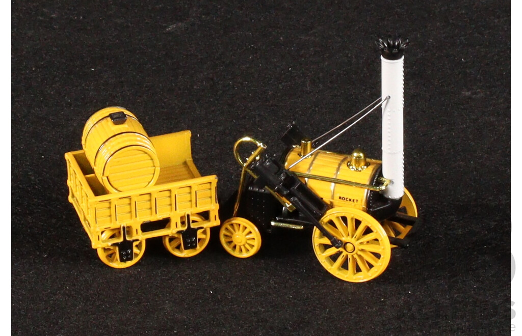 Vintage Matchbox Models of Yesteryear 1905 Busch Self Propelled Fire Truck, 1916 Ford Model T Fire Engine, 1829 Stephenson's Rocket