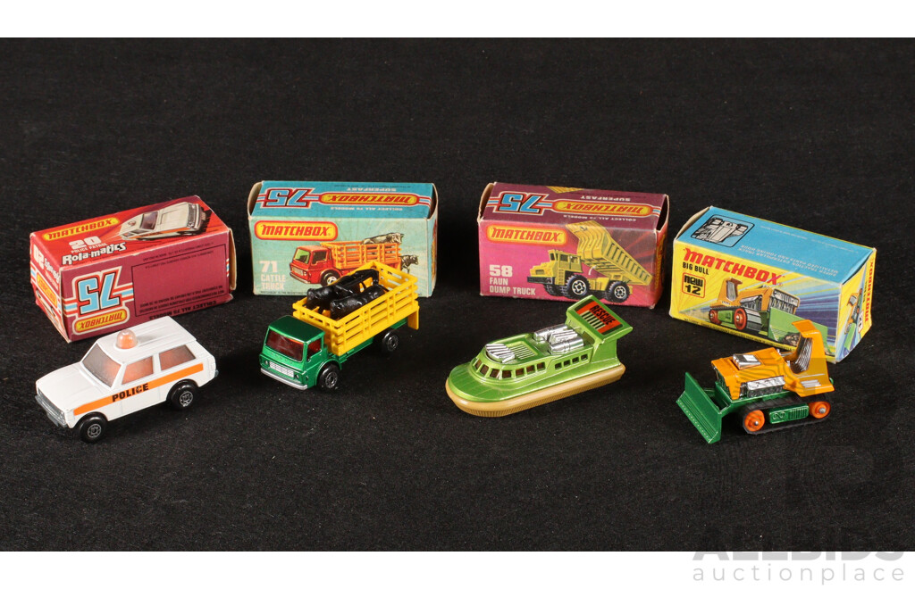 Vintage Matchbox 75 Vehicles Including Big Bull, Cattle Truck, Police Patrol, Hovercraft, Dump Truck Box