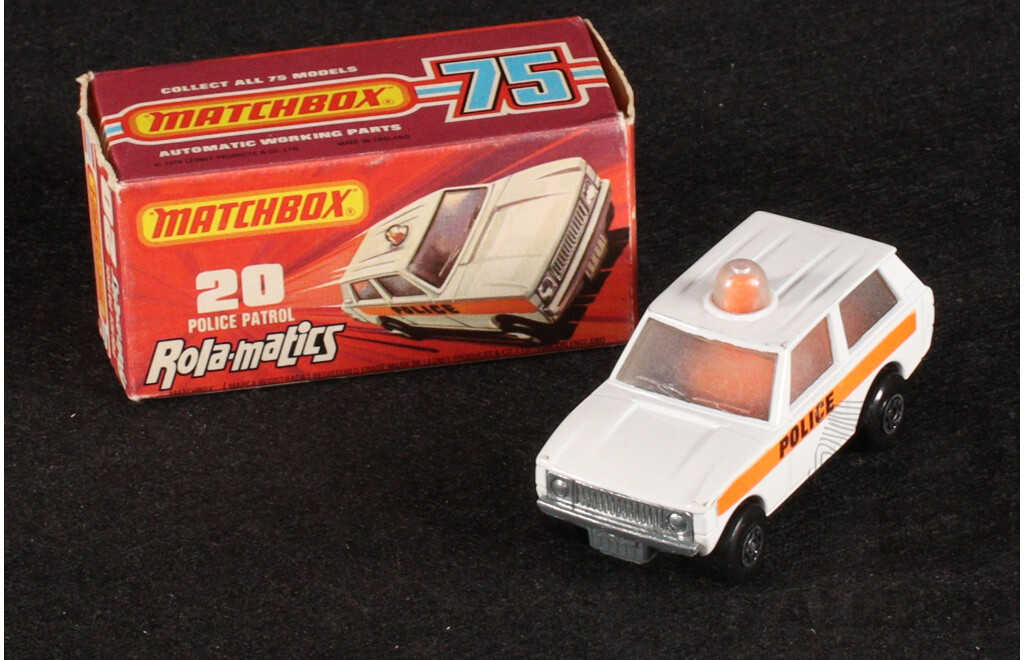 Vintage Matchbox 75 Vehicles Including Big Bull, Cattle Truck, Police Patrol, Hovercraft, Dump Truck Box