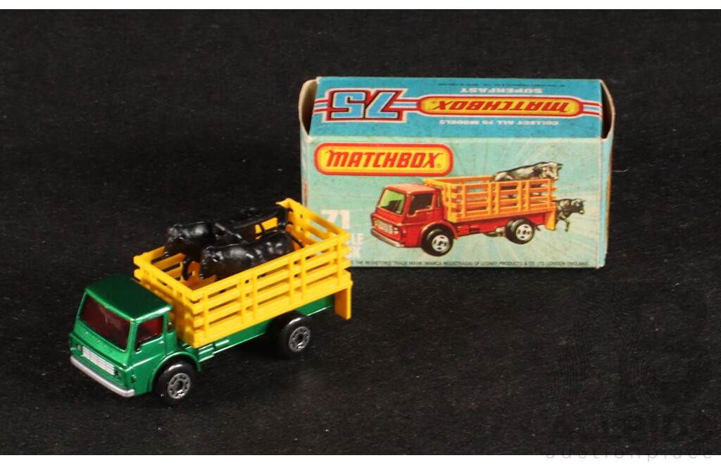 Vintage Matchbox 75 Vehicles Including Big Bull, Cattle Truck, Police Patrol, Hovercraft, Dump Truck Box