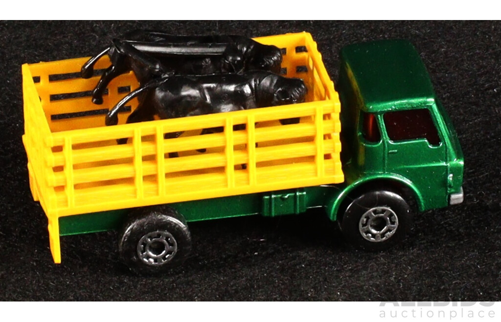 Vintage Matchbox 75 Vehicles Including Big Bull, Cattle Truck, Police Patrol, Hovercraft, Dump Truck Box